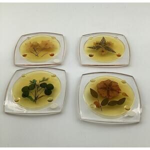 Beautiful Vtg  Coasters MCM Lucite  Dried Pressed Flowers Footed Set of 4